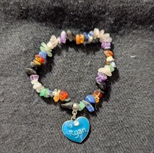 Multi Color Gemstone Chip With I Love Ryan Heart Charm Stretchy Elastic Bracelet